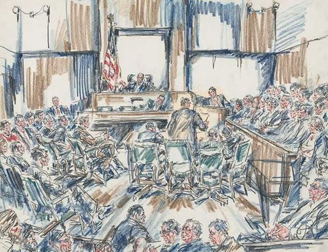 Howard Brodie. [Harrisburg Seven Trial Overall Court Scene], 1972. Color crayon on white paper. Prints and Photographs Division, Library of Congress (044.00.00)