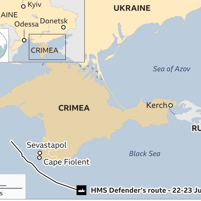 Map showing Crimea, Ukraine and Russia and the warship's path