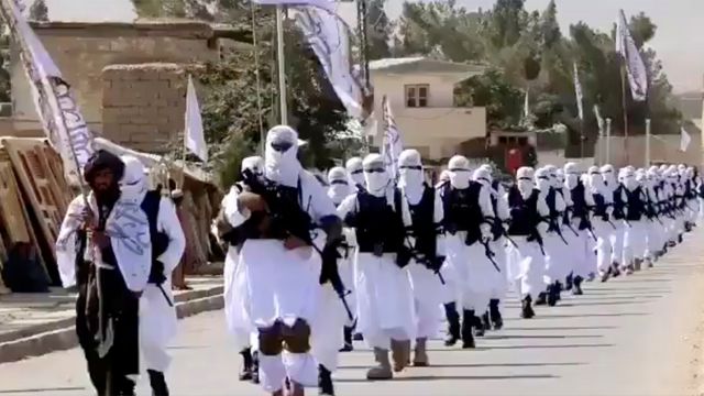 Taliban forces parade in Qalat, Zabul province, image taken from social media video, 19 August 2021