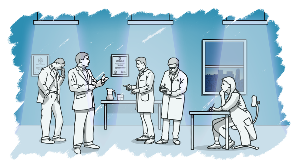 Illustration of five secret agents in a room