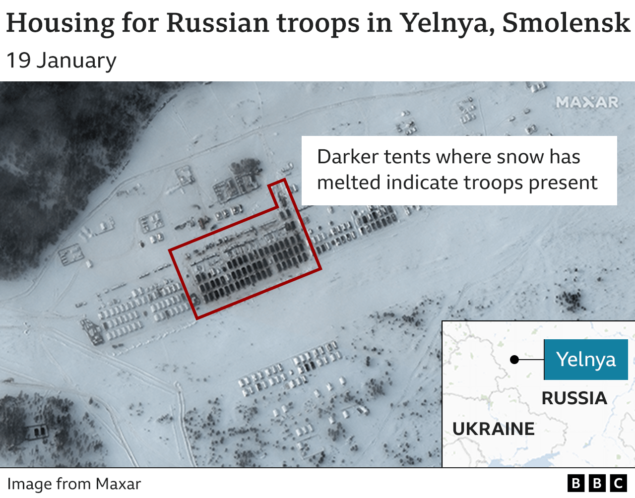 Satellite image showing housing for troops in Yelnya