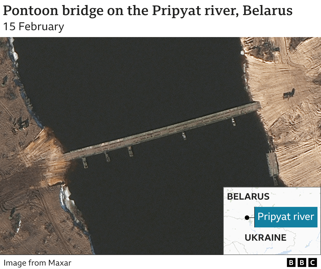 Satellite image showing a pontoon bridge on the Pripyat river