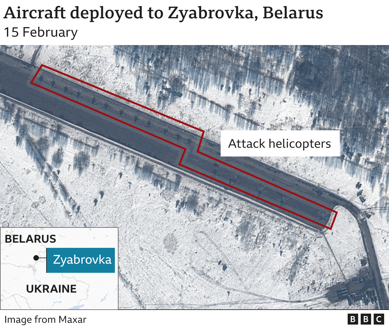 Satellite image showing helicopters at Zyabrovka