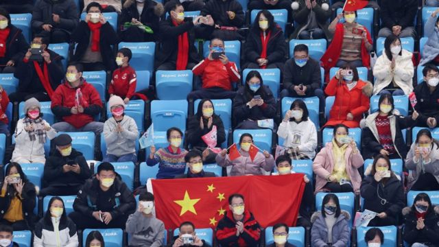 Spectators look on during the Men Single Skating Free Skating on day six of the Beijing 2022 Winter Olympic Games