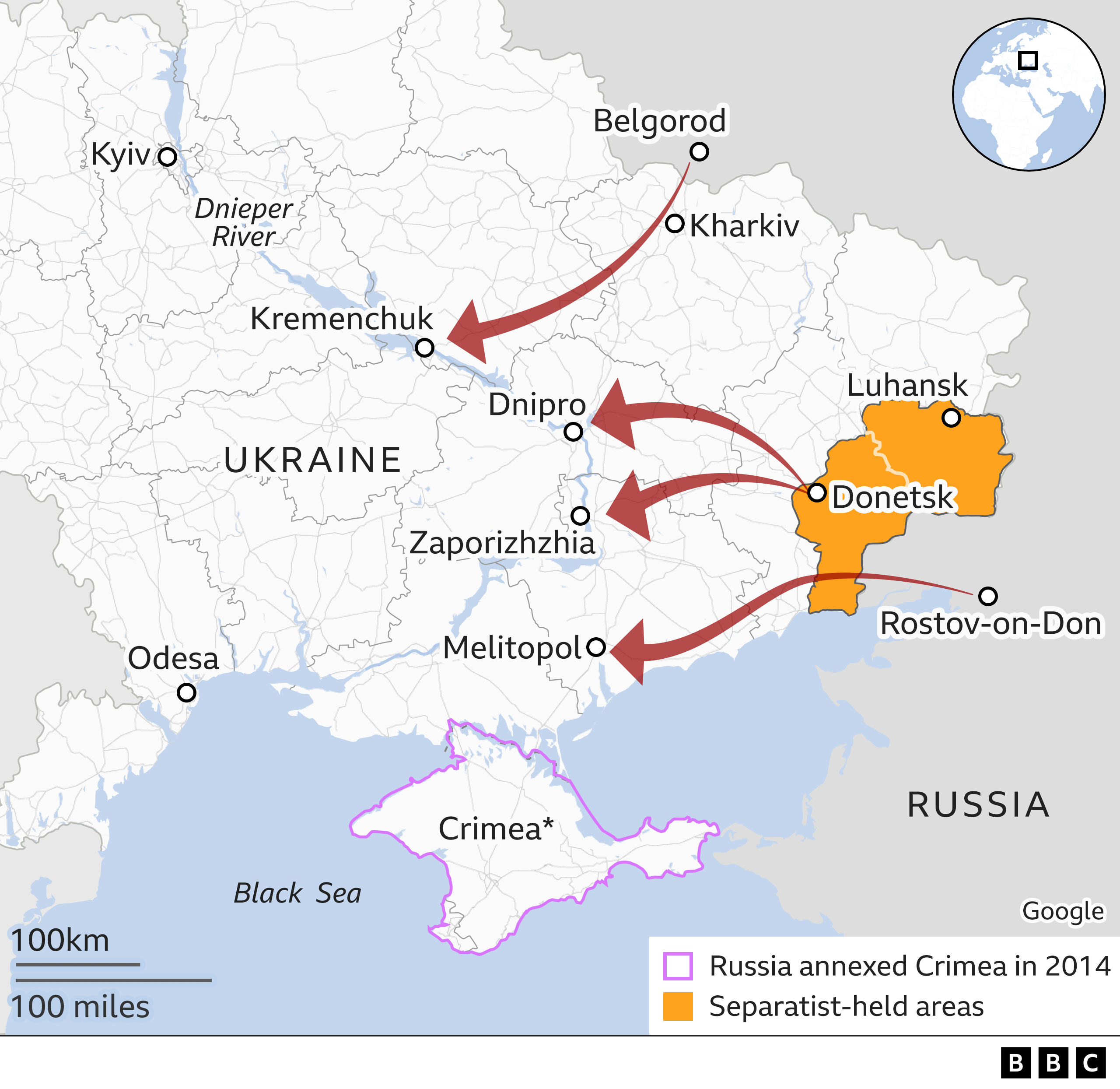 Map showing route from the east. Updated 21 Feb
