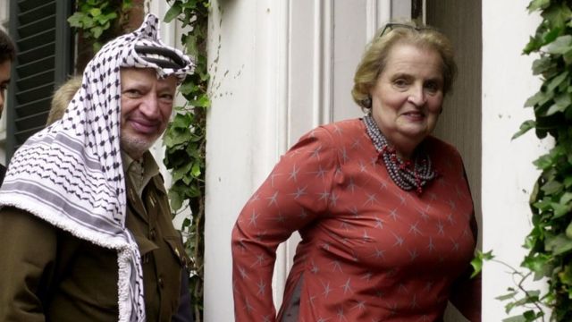 US Secretary of State Madeleine Albright (R) greets Palestinian leader Yasser Arafat (L) 15 June, 2000