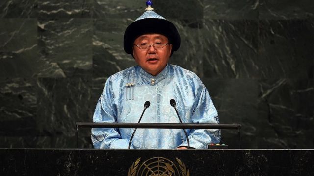 Former Mongolian president Tsakhia Elbegdorj addresses the 70th Session of the UN General Assembly September 29, 2015 in New York.