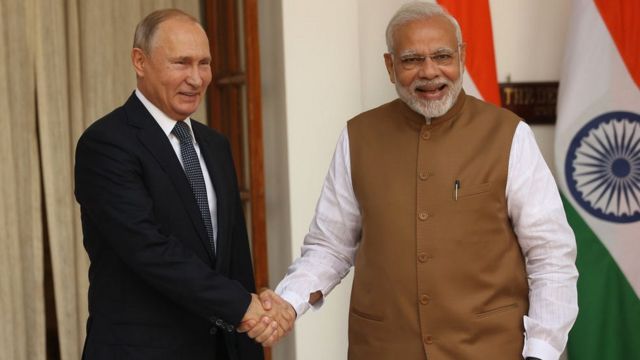 President Vladimir Putin with Prime Minister Narendra Modi during a visit to Delhi in 2018
