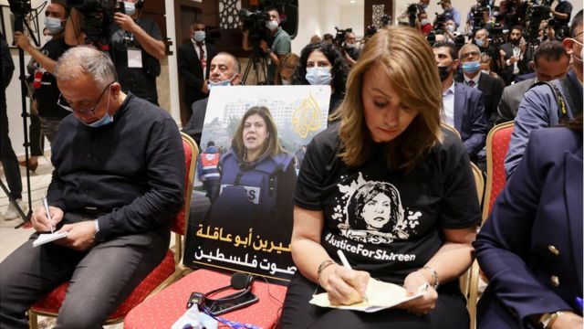 Images of Shireen Abu Aqla at news conference in Bethlehem (15/07/22)