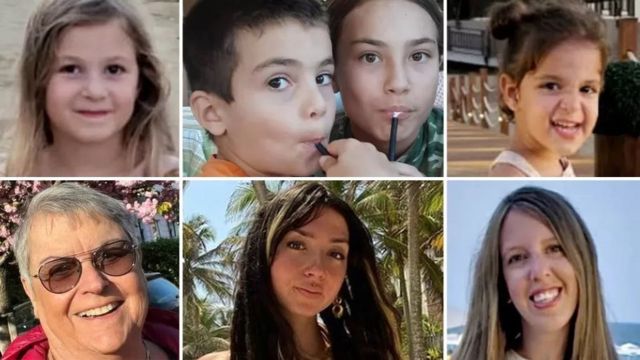 Composite images showing photos of people captured by Hamas: clockwise from top left - Raz Asher, Erez and Sahar Kalderon, Aviv Asher, Doron Asher, Shani Louk and Ada Sagi